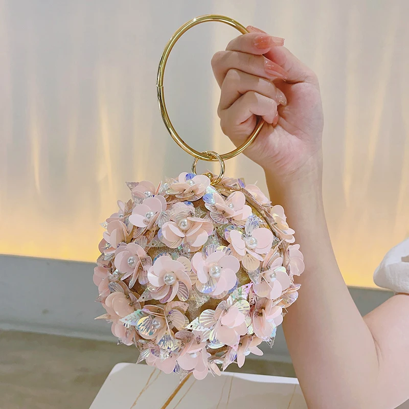 Mini bolso de noche con flores de lentejuelas, elegante bolso de mano para cena, bolso redondo Formal para banquete para fiesta de boda y graduación