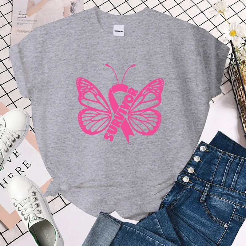 

Printed T Shirt New Breast Cancer Awareness Survivor Butterfly Women Tees Fashion Hip Hop Harajuku Top Creative Personalized Top