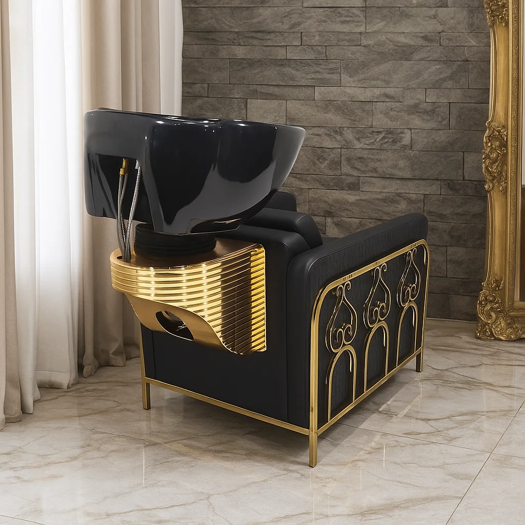 Luxury Black Gold Salon Shampoo Chair Backwash Unit with Ceramic Basin for Hair Washing