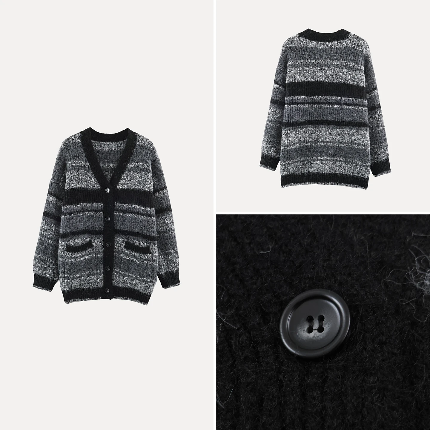 Women's Knitted V-Neck Stripe Color Block Button Cardigan Medium Length Open Front Style Autumn Fashion 2026 New Arrival