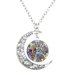Murano Millefiori Moon Necklace Glass Cabochon Pendant Necklace Multicolour Flower Women Men Gift Jewelry