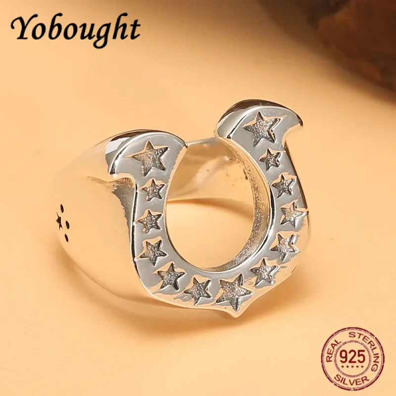 

American Style 925 Sterling Silver Pentagram U-shaped Horseshoe Ring For Men Retro Thai Silver Domineering Punk Jewelry