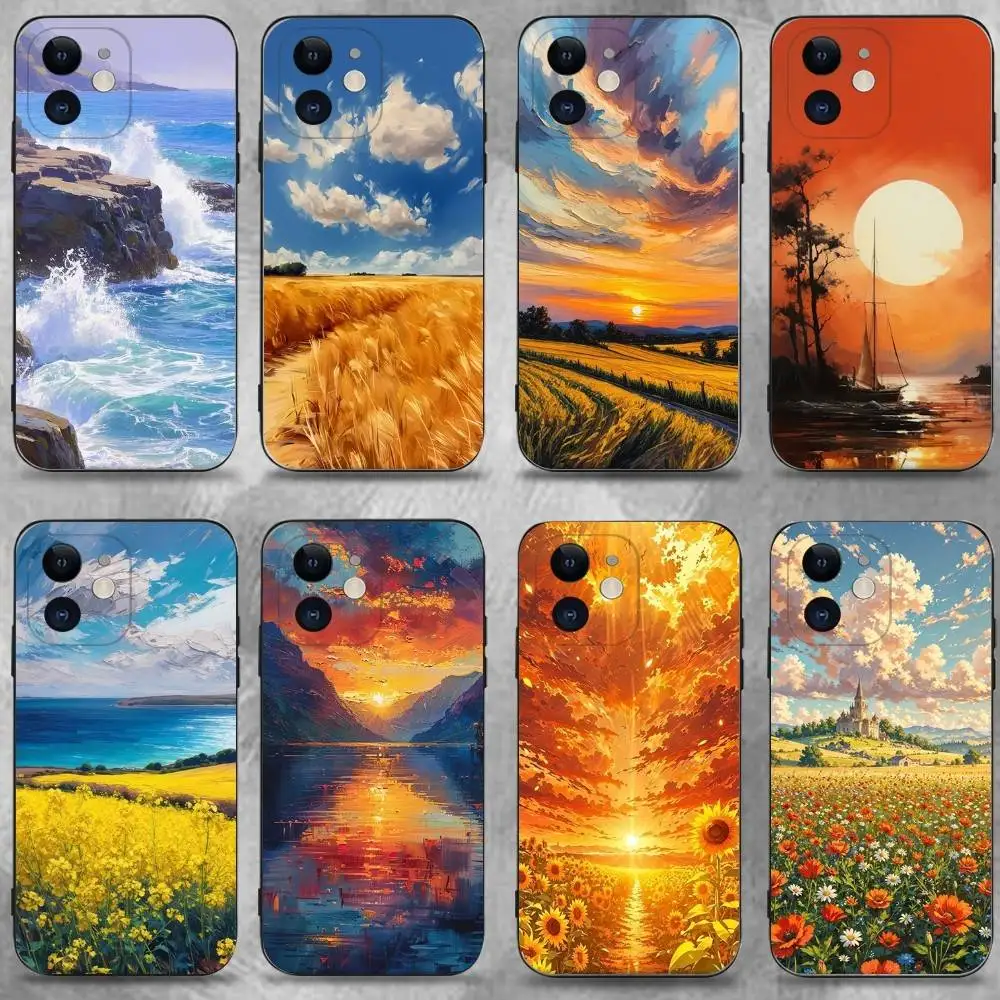

Landscape Pattern Phone Case For iPhone 17,16,15,14,13,12,11 Plus,Pro Max,XS,X,XR,SE,Mini,8,7,Soft Silicone Black Cover