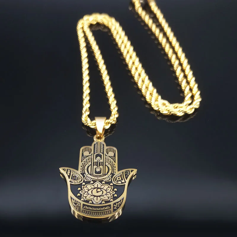 2024 Fashion Hamsa Hand Stainless Steel Chain Necklace for Men Gold Color Necklaces Pendants Jewerly colgante hombre N932S02