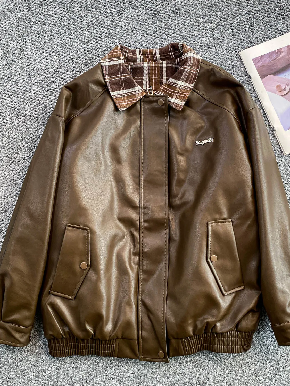 

Thiened Warm Plaid Splicing Motorcycle Jaet Women's Winter High-End Vintage Cheered Patchwork Coat Fem Outerwear