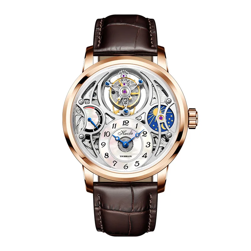 Haofa Mechanical watch Man Tourbillon Hollow Skeleton Day and Night Power Display Burning steel Crocodile leather Brand 1939