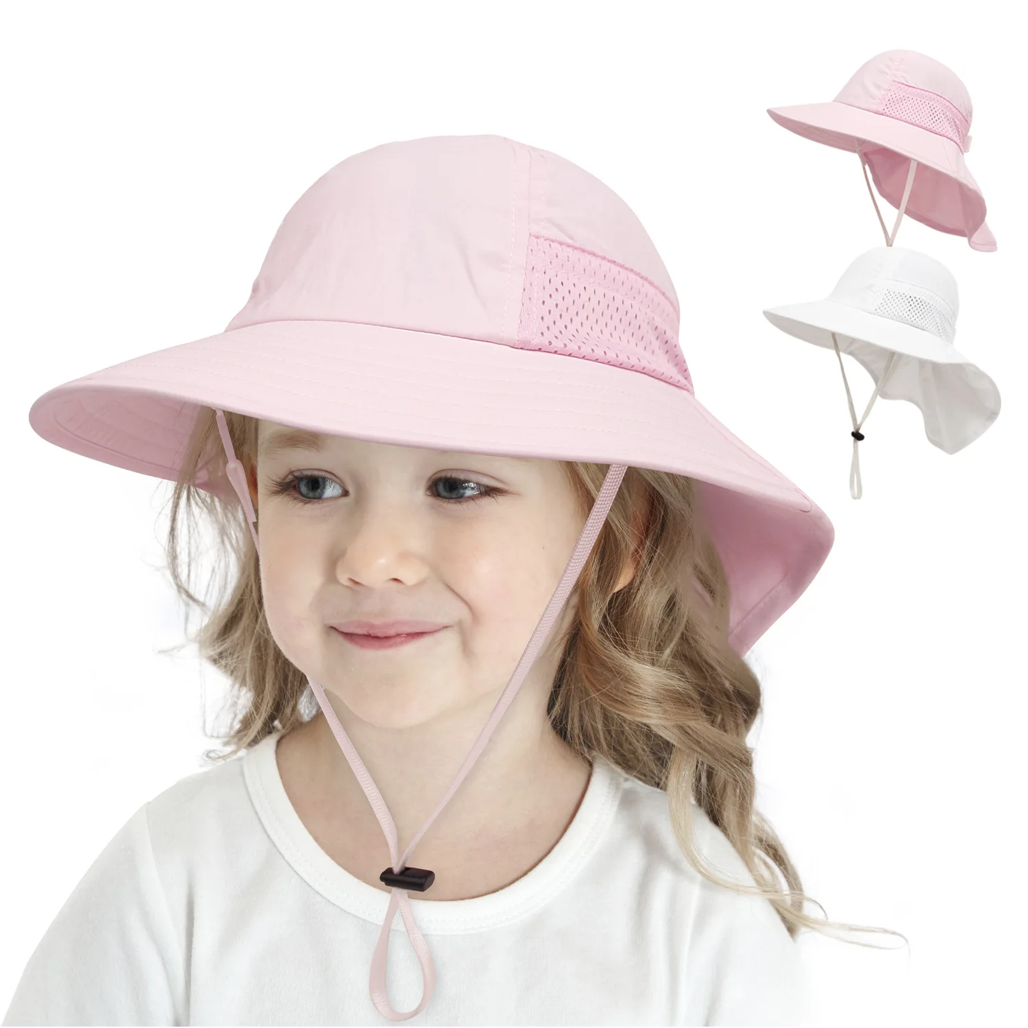 Baby Outdoor Beach Children Sun Protect Caps Pure Color Light Weight Breathable Mesh Kids Hats With Cape children's bucket hat