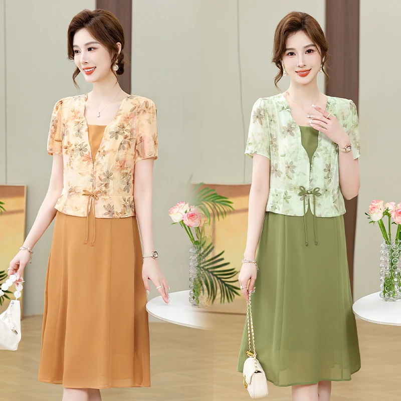 Printed Dress Women Summer Korean Version Of Self-Cultivation Age Reduction Leave Fake Two Pieces Middle-Aged A-Line Vestidos