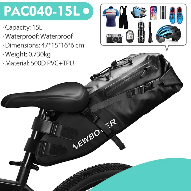 NEWBOLER Fietszadeltas Waterdichte MTB Wegfiets 15L Grote Capaciteit Fietstas Opvouwbare Achtertas Kofferbak Accessoires