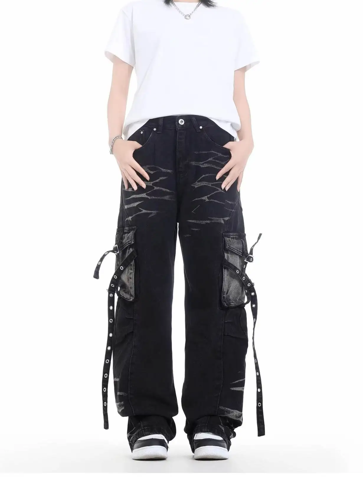 

Широкие мужские джинсы на молнии в стиле ретро с несколькими кетами, повседневная рабочая одежда с тяжелым дизайном Du, модные длинные брюки