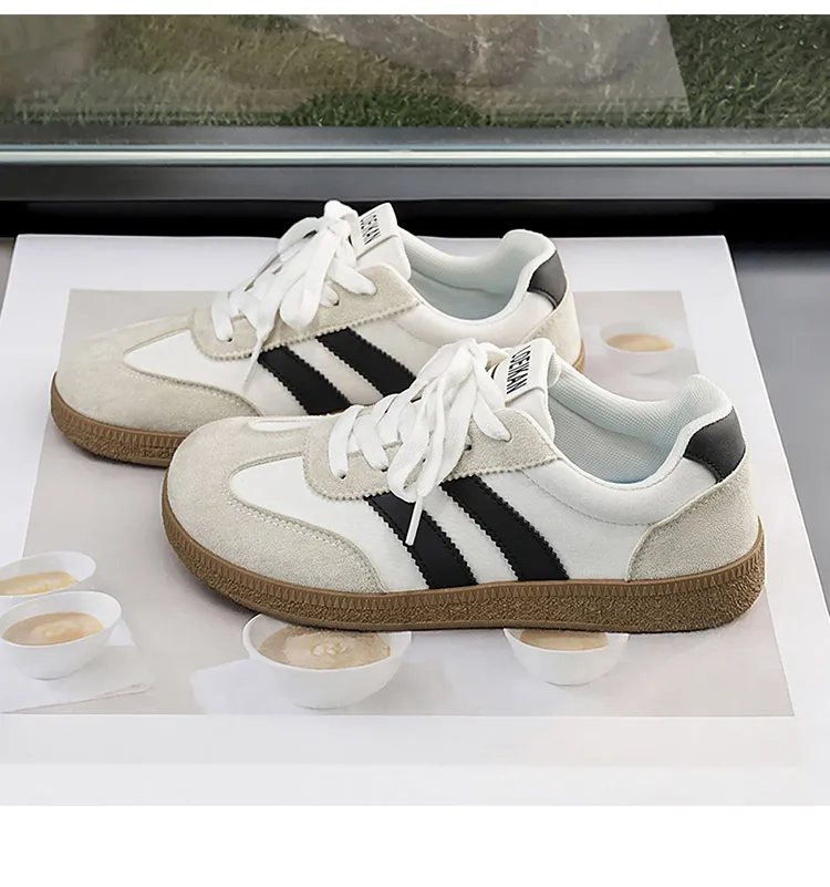 Damen Retro-Streifen-Sneaker mit Gummisohle, Schnürung, flache Schuhe, modische, vielseitige Freizeitschuhe zum Gehen für den täglichen Gebrauch – Detail 6