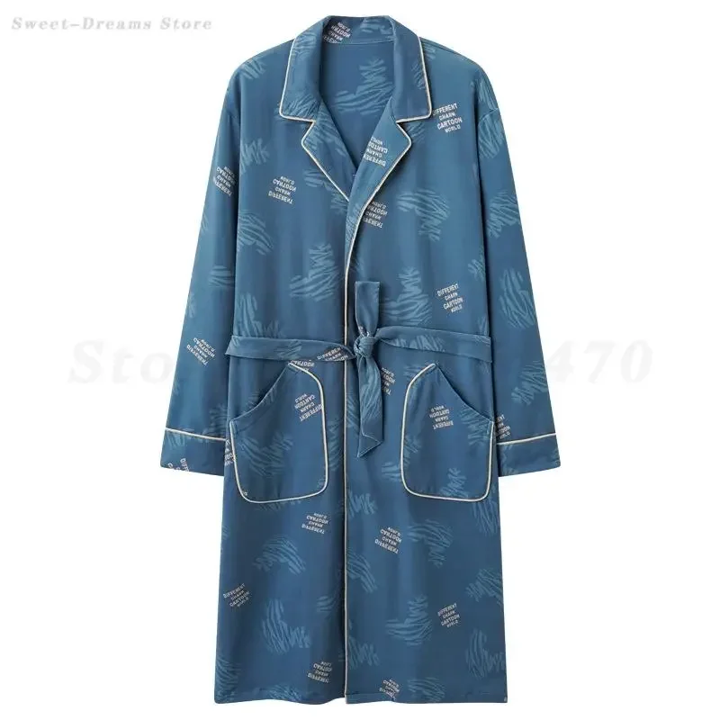 

New Cotton Men One-Piece Robe Spring Autumn Bathrobe High Quality Sleepwear Male Loungewear Large Size 3XL 4XL Printed Pajamas
