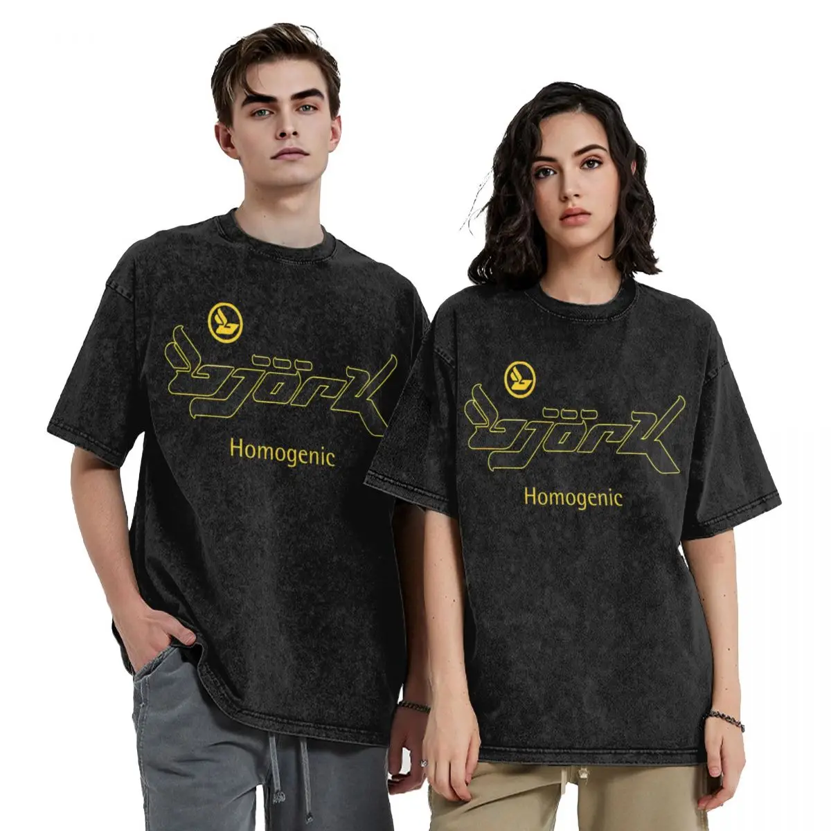 Bjork Homogenic Logo Yellow Black Washed T Shirts Streetwear Hip Hop Vintage T-Shirt Tees for Men Women Short Sleeve Oversize