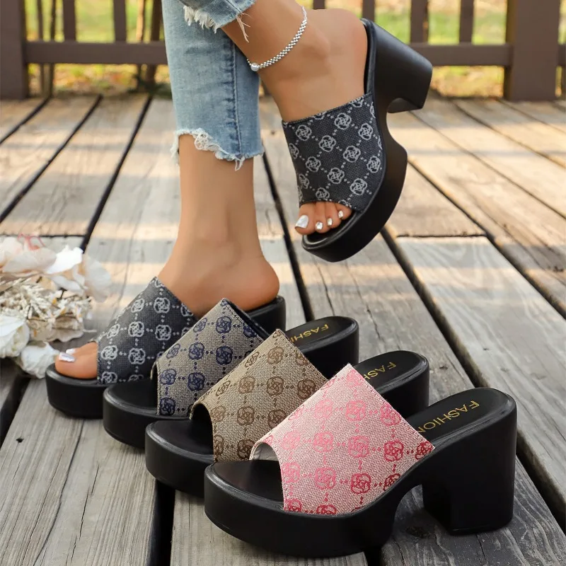 Fashion Trendy Printed Design Casual Thick Heel Women's High Heels 2026 Summer New Simple Style Comfort Women Shoes Tacones