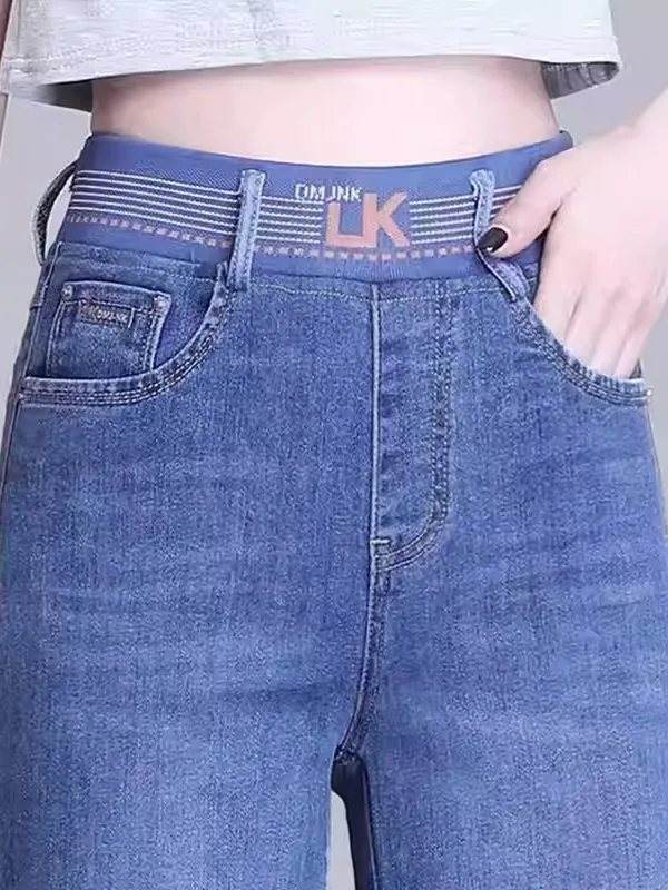 

Women's Elastic Waist Denim Pants Spring Autumn Loose Fit High Waist Long Trousers Casual Style Wide Leg Jeans Blue Color