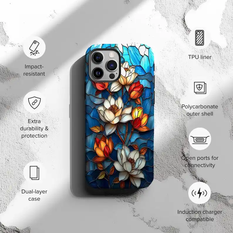 Artisan Lotus Flowers Stained Glass Phone Case For IPHONE 16 15PRO MAX 14 13 12 11 Acrylic TPU Two in one magnetic Phone Cases