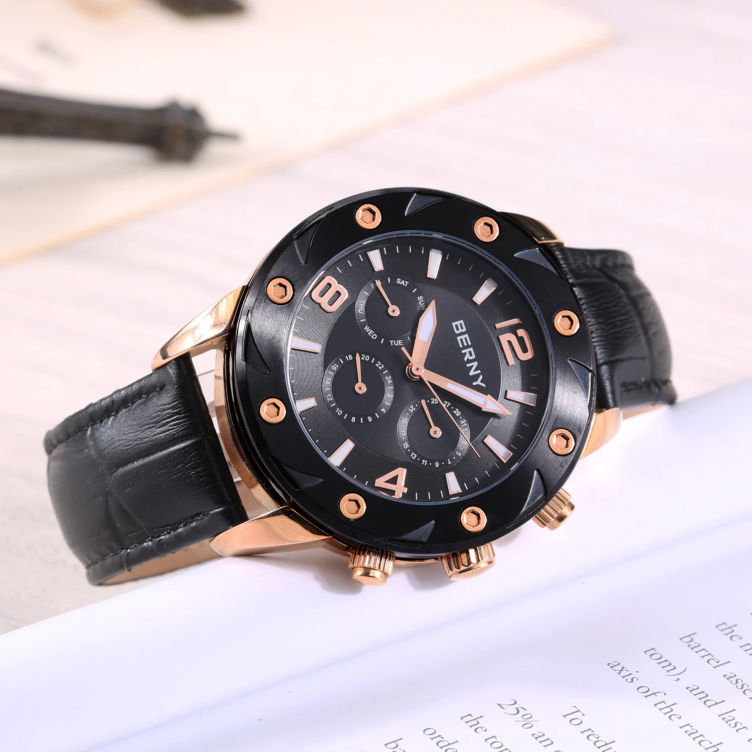 BERNY Men\'s Watch Multifunction Dial Date Day Calendar Quartz Business Wristwatch Luminous Hand Leather Strap Waterproof Watch