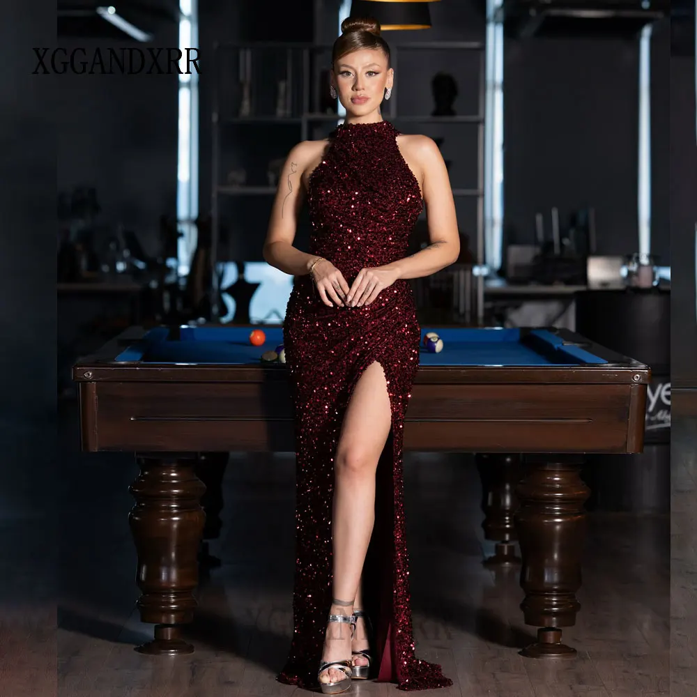 고품질 인어공주 스타일 프롬 드레스 2026 섹시한 사이드 슬릿 스팽글 레이스 롱 이브닝 파티 가운 홀터넥 여성 정장 생일 드레스