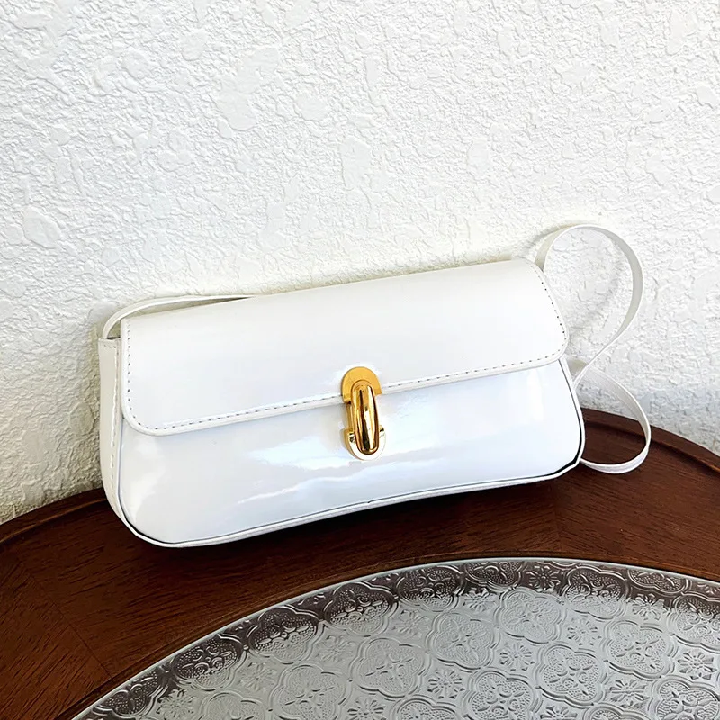 Glänzende PU-Schultertasche mit Schnalle, Damen-Unterarmtasche in Unifarbe, Elegante Vintage-Handtasche im französischen Stil für den Alltag und die Arbeit – Detail 24