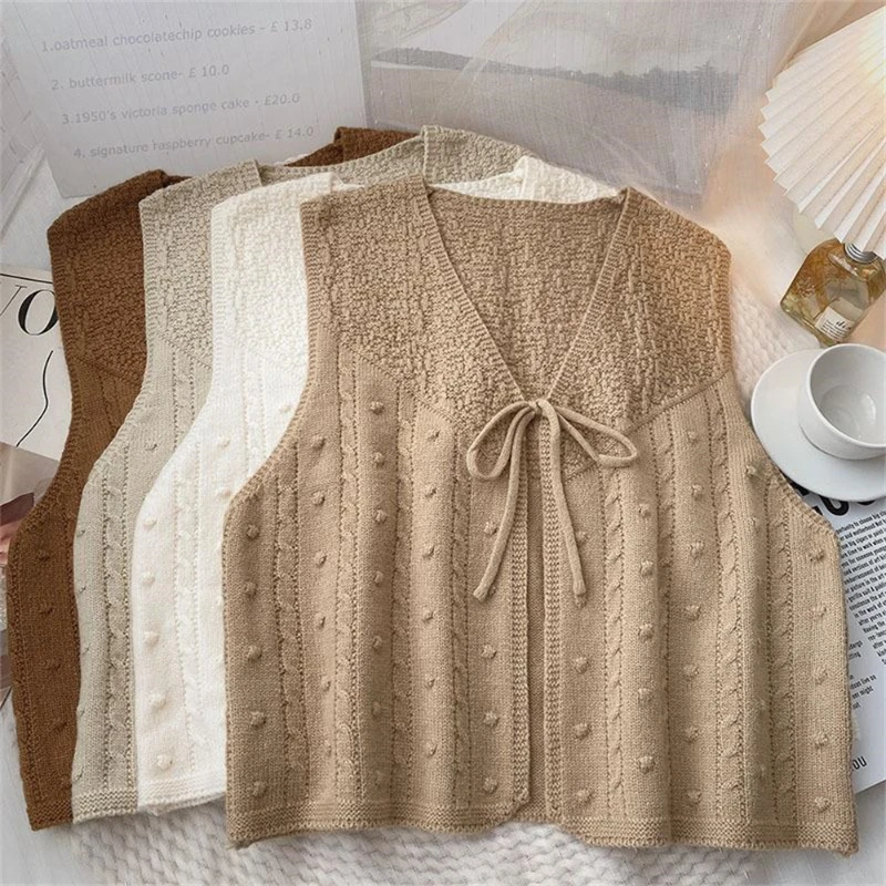 Vintage Lace Up Sweater Vest Women New Korean V-neck Sleeveless Simple Knitted Cardigan Female Waistcoat Autumn Loose Casual Top