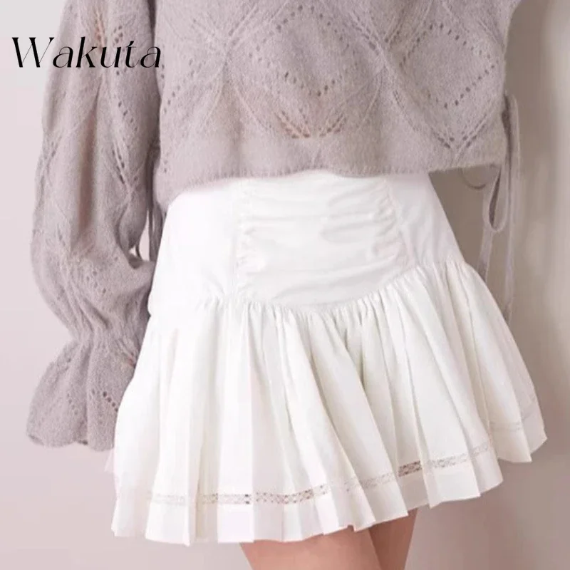 WAKUTA Fall Elegant High-waisted A-line Y2k Skirts Japanese Commuter Sweet Ballet Waisted Pressed Wrinkle Mini Skirt Goth Skirts