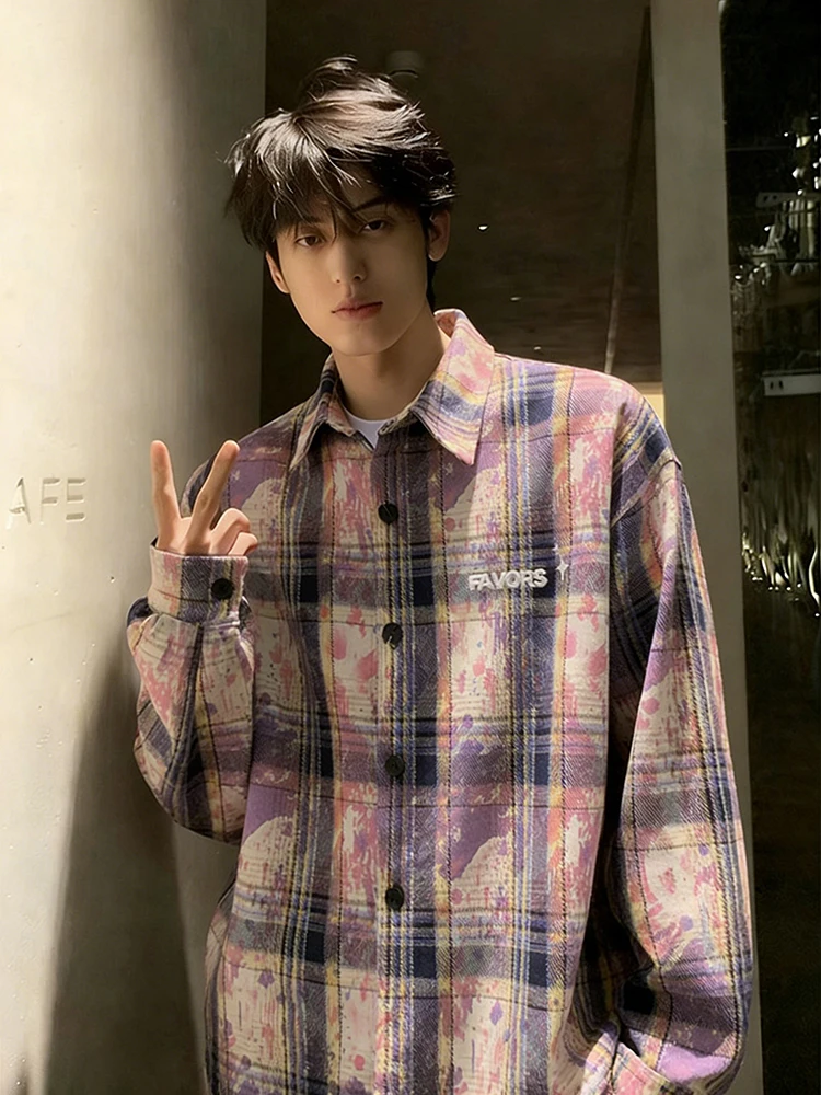 

Purple Tie Dye Plaid Men's Long Sve irt Vintage Spring Design High Quali Open Cardigan Thin Outerwear Loose Fit irt