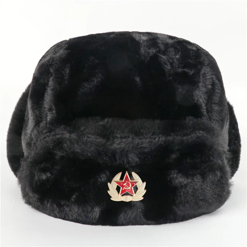 Unisex Soviet Badge Pilot Hat - Faux Rabbit Fur, Ear-Protection, Russian Style Full Fur Warm Cap for Winter Outdoor Cold-Proof
