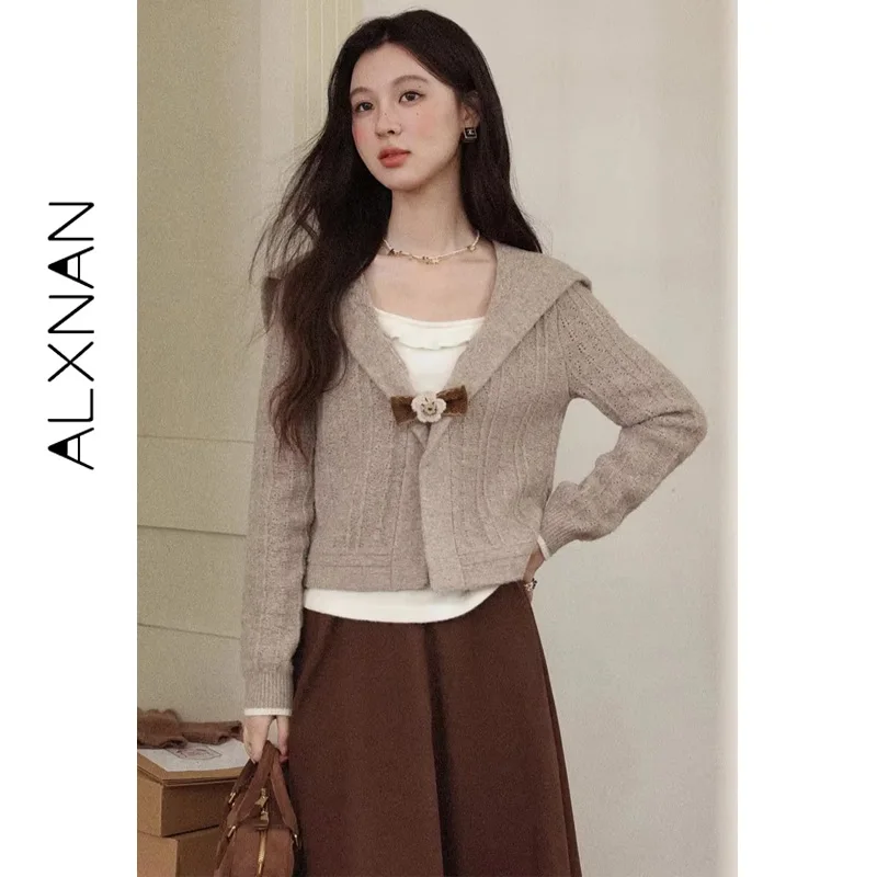 

ALXNAN женский пуловер из двух частей с матросским воротником и бантом, вязаный свитер, дышащий, удобный, мягкий, универсальный трикотаж L57739