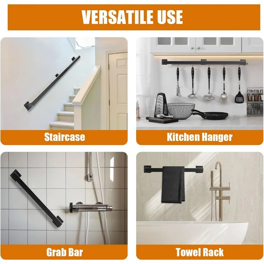 درابزين درج فولاذي معدني مثبت على الحائط غير قابل للانزلاق، درابزين درج مربع بطول 6.6 قدم للخطوات الداخلية والخارجية، أمان متين
