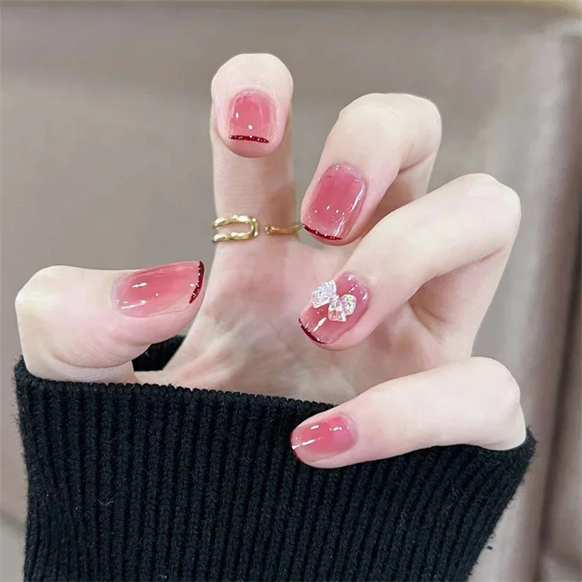 24Pcs/Se French White Peach Wearing false nails Gradient Love Heart Adhesive Acrylic Press On Nail Removable Fake Nail Tips