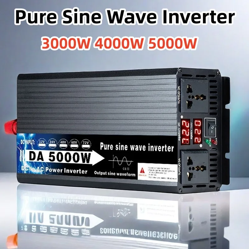 3000/4000/5000W Pure Sine Wave DC 12V 24V 48V 60V to AC 110V 220V Power Convert Double Socket Converter Solar Car Inverter