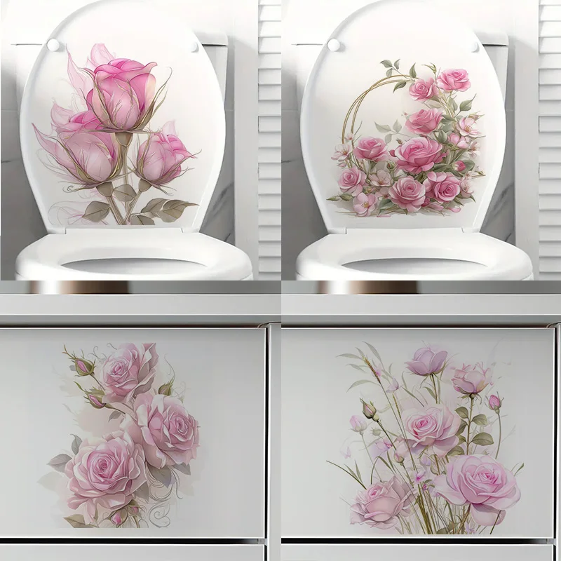 

C1286# Abstract Pink Roses Toilet Stickers, Bedroom Entryway Living Room Porch Home Decoration Wall Stickers, Removable Sticker