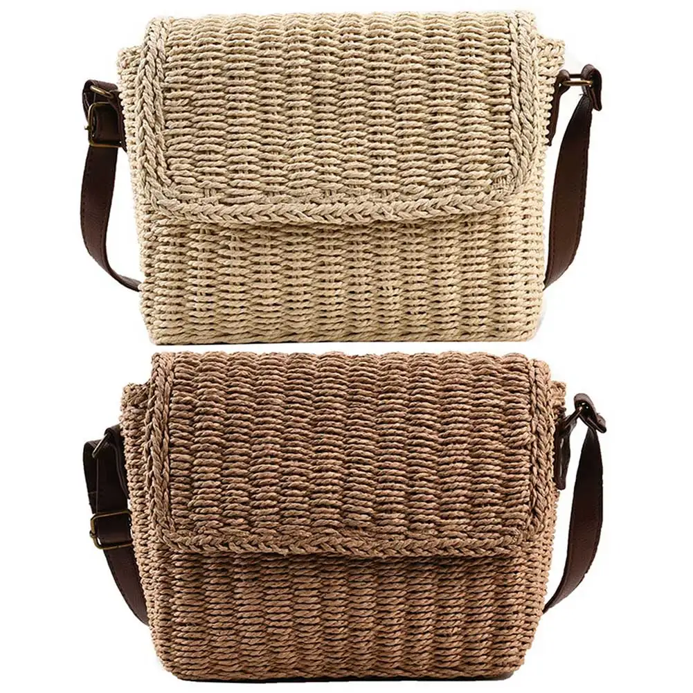 

Women Weave Straw Bag Seaside Crossbody Bag Vintage Small Square Satchel Bag Adjustable Strap Handmade Travel Flap Bag