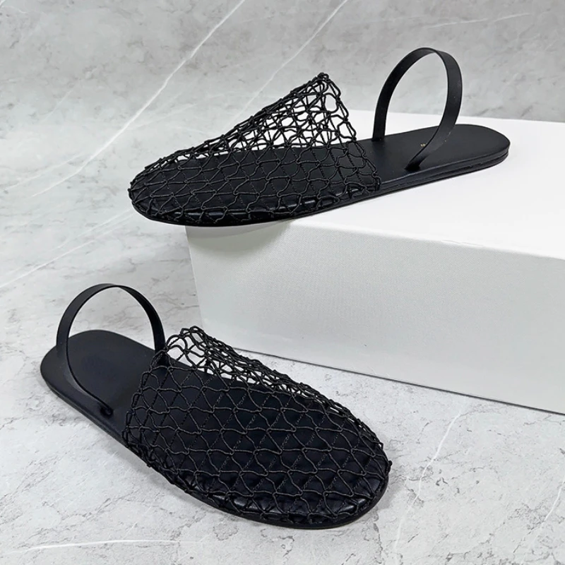 Flat Fishing Net Sandals Female Breathable Branded Designer Sandals Women Woven Roman Sandals Skeleton Mesh Mule Slippers Women