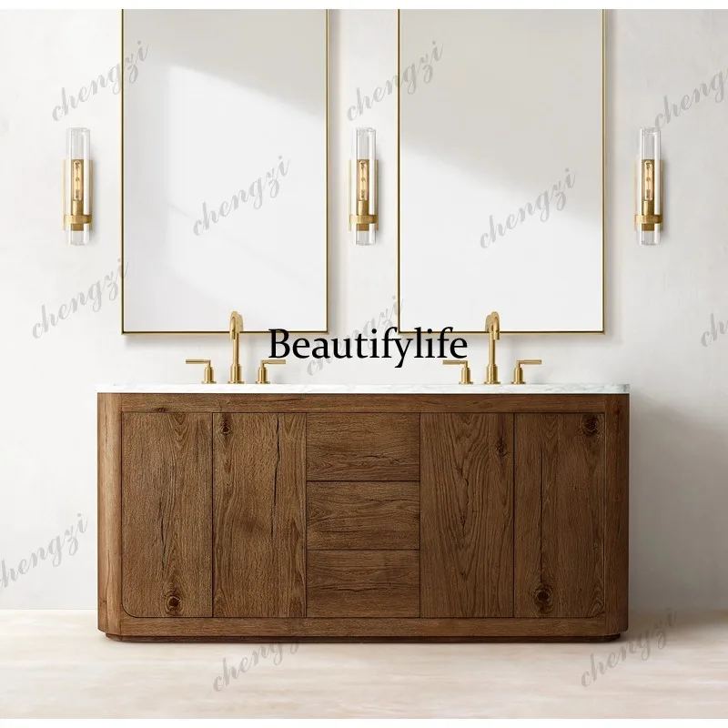 New Chinese-style wabi wind bathroom cabinet walnut bathroom cabinet arc minimalist custom sink