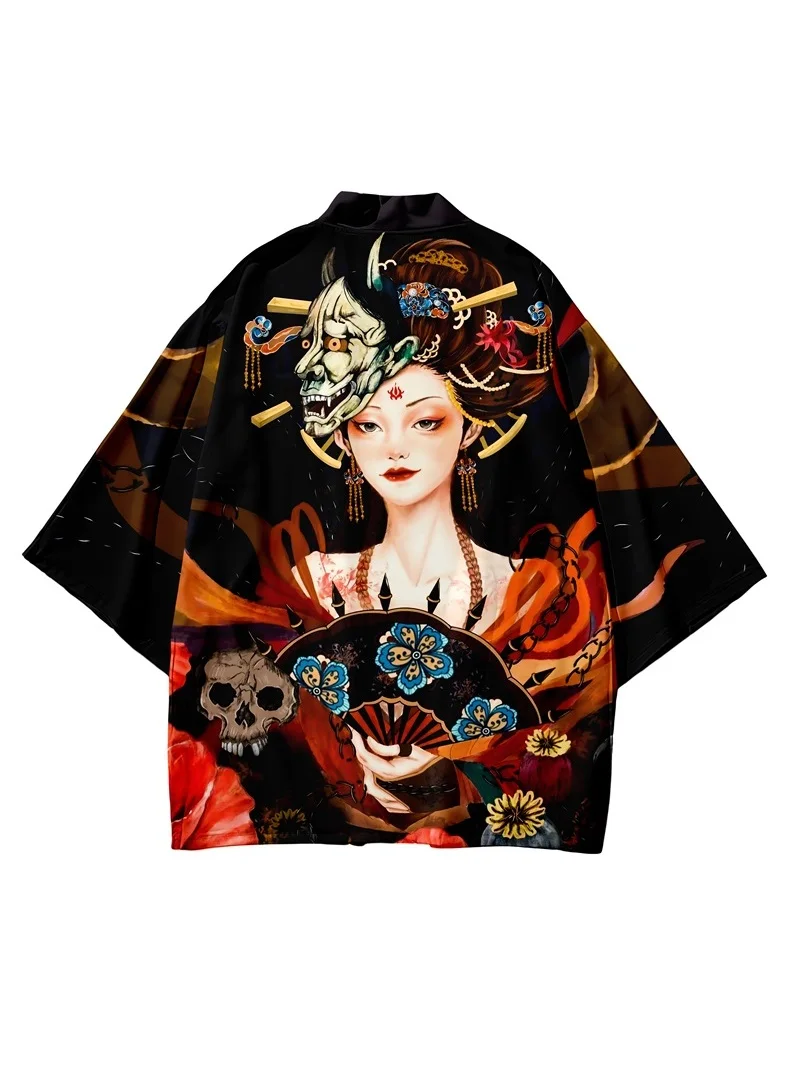 2024, черный юката с принтом персонажей аниме, женский Harajuku, традиционный японский костюм, японский кардиган, кимоно, мужской косплей Хаори