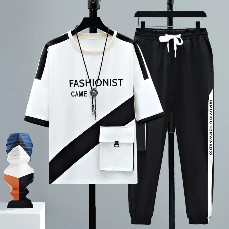 

New 2024 Summer Casual Short Sleeve T-Shirt And Full-Length Pants Two Piece Men's Sets Sports Outwear Loose Tops Tees Tracksuits