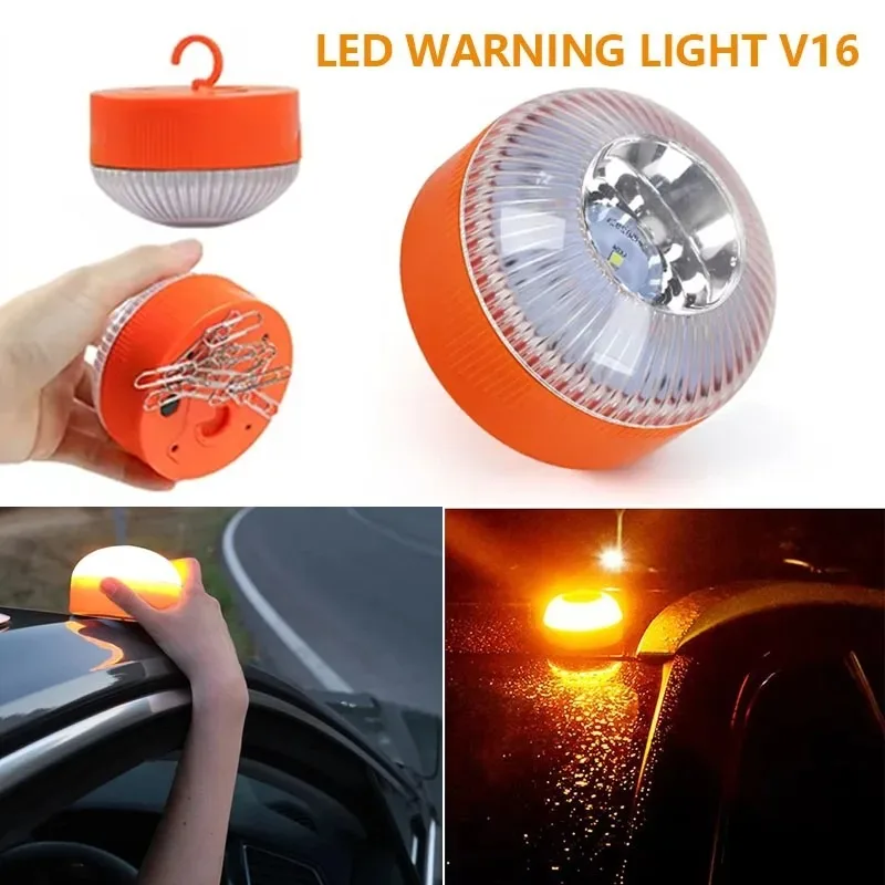 Car Emergency Beacon Light V16 Magnetic Replaceable Battery Strobe Flashing Warning Light Road Accident Lamp Safety Accessory