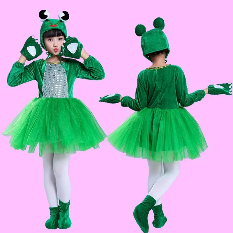 子供のための緑のカエルのダンスステージ衣装,動物のパフォーマンス服,服,靴,手袋,ハロウィーンパーティー,女の子,男の子,mn8