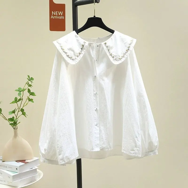 

Женские блузки из 95% хлопка с вышивкой, универсальные, с воротником-стойкой, белые, весенний тренд, свободные, облегающие, с рукавами-фонариками