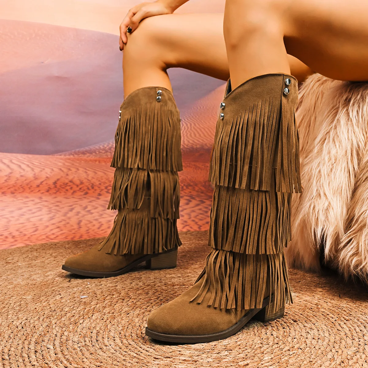 

New autumn/Winter 2025 fringed plus-size European and American cross-border trade Roman style sleeve knight boots