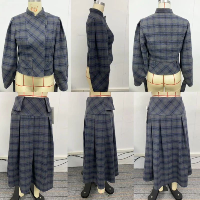 Women Vintage Plaid Office Party 2 Piece Sets Stand Collar Double Breasted Bubble Sleeves Jacket & High Waisted Midi Skirt Suits view 6