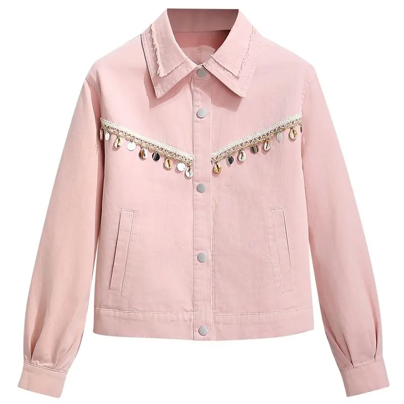 

Spring Autumn Denim Jacket Women Casual Fashion Beaded Diamond Tassel Frayed Jeans Jacket Coat Female New Streetwear