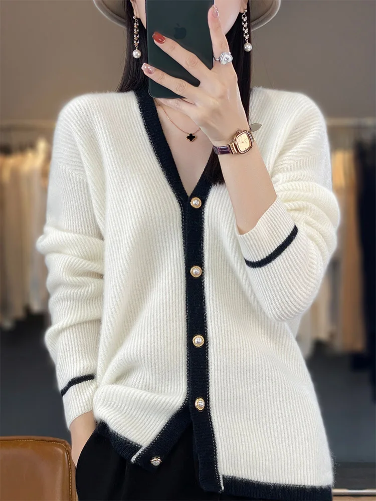 

New Fashion Office Lady Autumn Winter Sweater 100% Merino Wool Women Knitted Cardigan Striped Multicolor Cashmere Outerwears Top