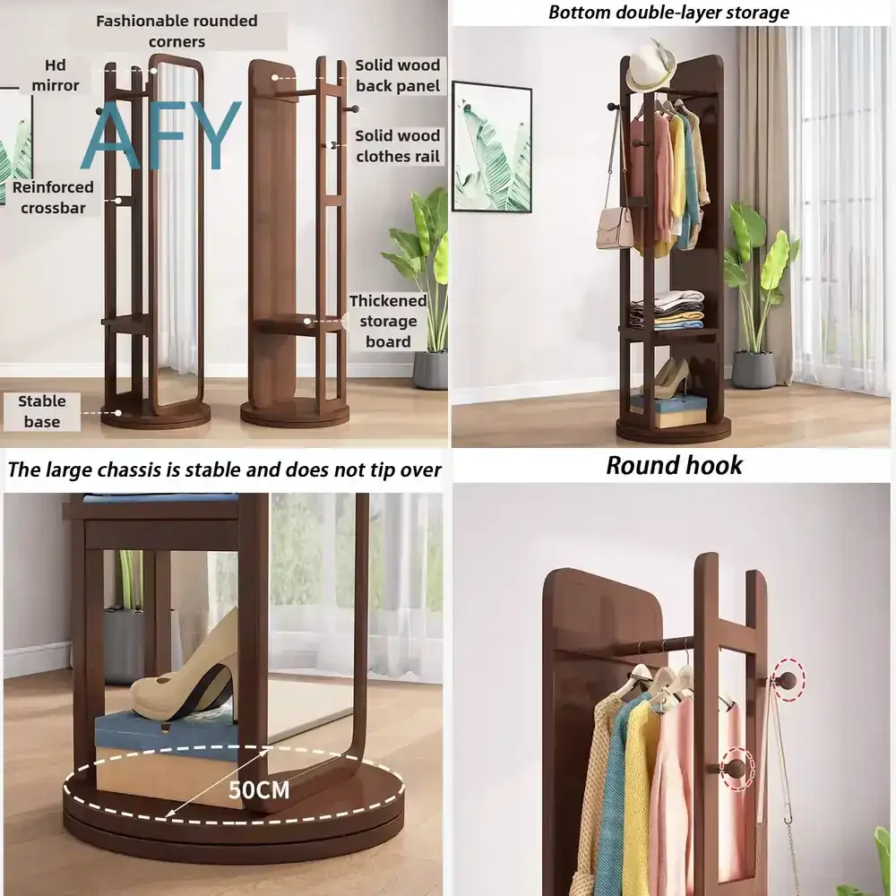 360° Rotating Standing Coat Rack for Clothes Hanging Floor Mirror Bedroom Entryway Dressing Mirror Clothes Rack Door