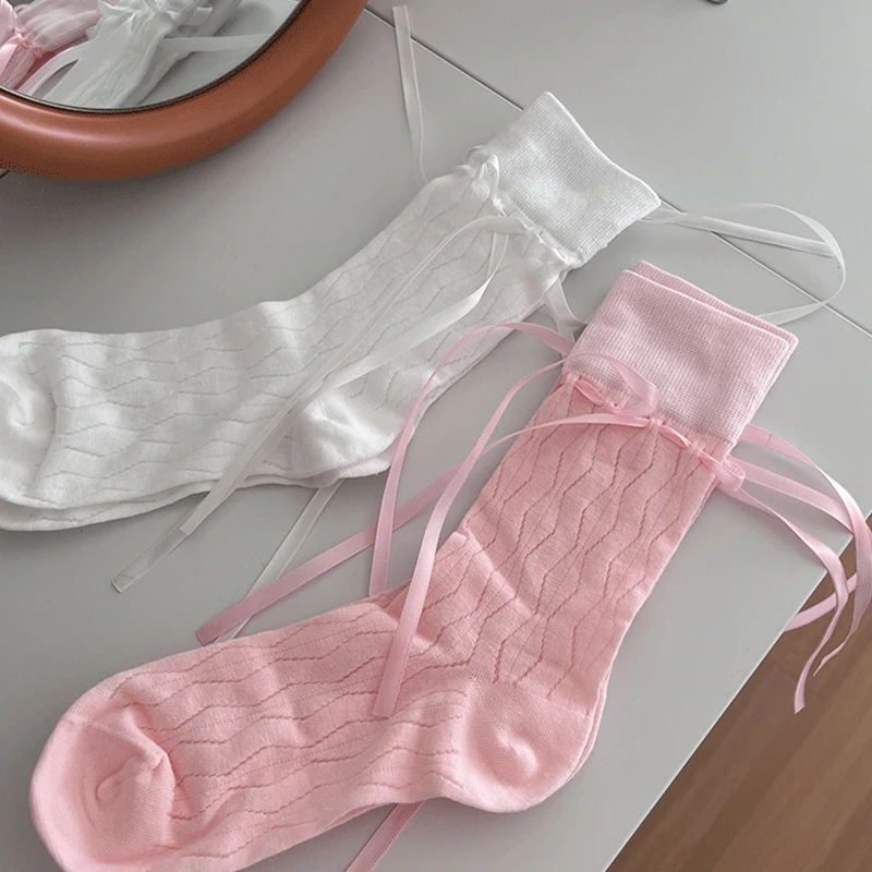 Nuevos calcetines de pantorrilla de malla con lazo rosa para estudiantes, medias de encaje de moda huecas de malla fina con estampado Sexy de amor para mujer, medias de rejilla sólidas Lolita