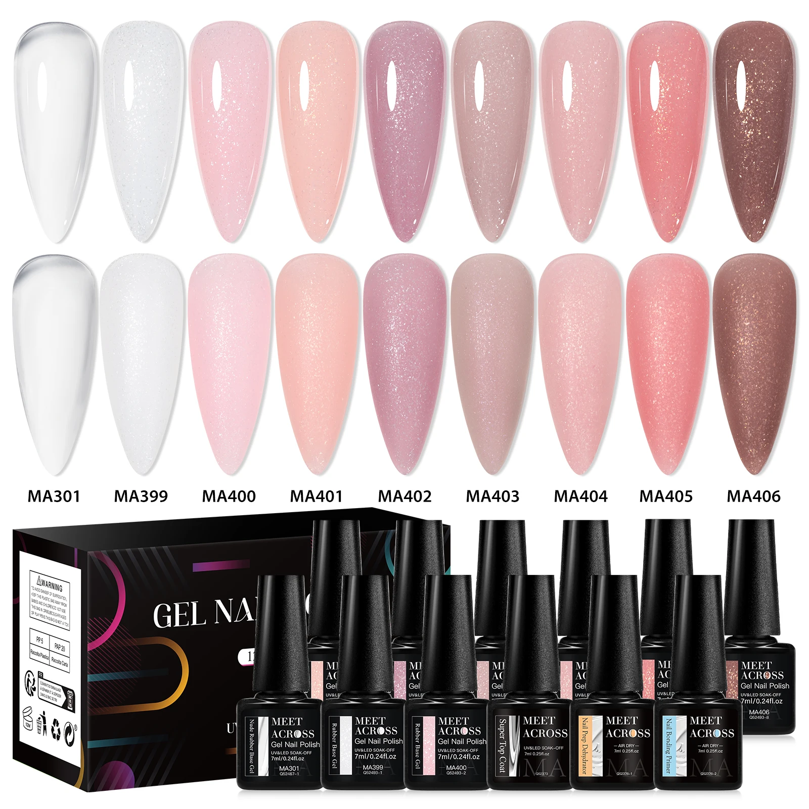 Ensemble de gel de base en caoutchouc avec super couche de finition, MSI nude, paillettes, apprêt pour ongles, débond, tremper, longue durée, kit de vernis, 12 pièces