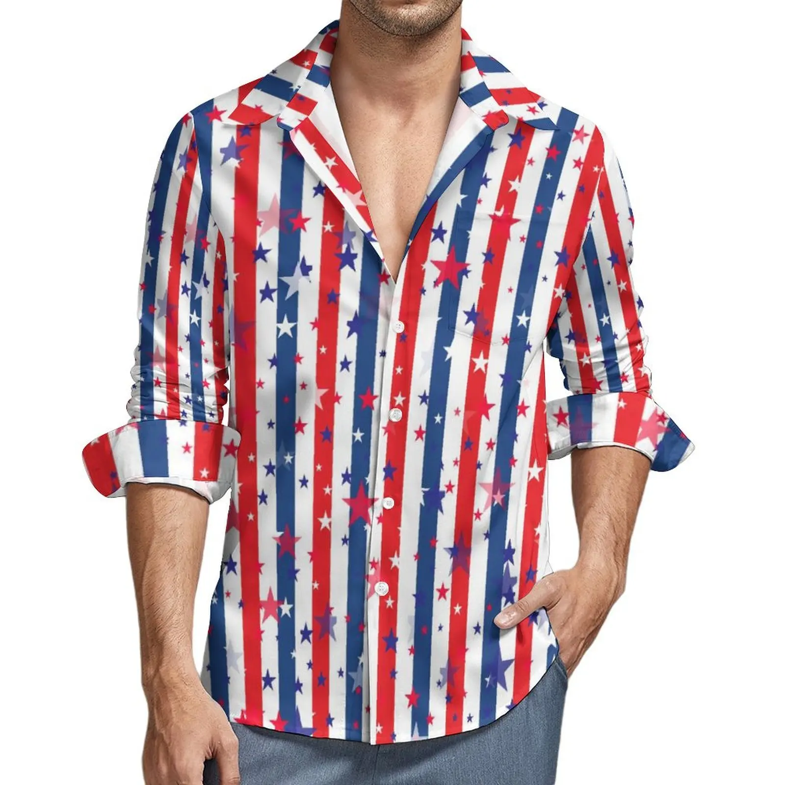 Camisas informales a rayas de estrellas rojas, azules y blancas, camisa clásica de otoño, blusas cómodas de gran tamaño, Tops gráficos de manga larga para hombres