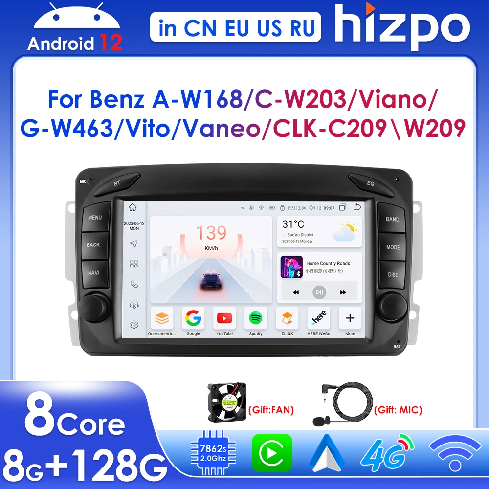 

Hizpo Wireless Carplay 7" Radio Android 12 for Mercedes-Benz CLK W209 W203 W168 Vito Viano Stereo Car Multimedia Player DSP GPS