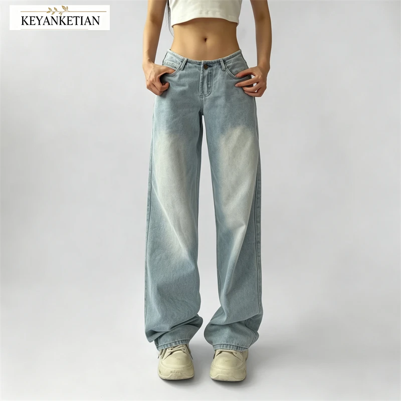 KEYANKETIAN 2026 Autumn American Vintage Low Waist Straight Jeans Women Washed Faded Loose Floor Length Denim Trousers